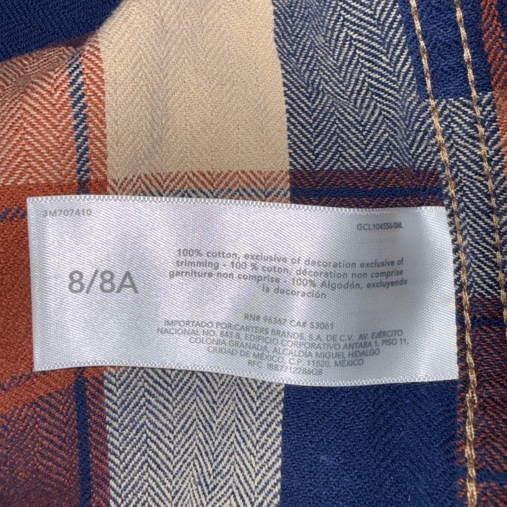 OshKosh Bgosh Boys Plaid Flannel Shirt Navy Orange Herringbone Size 8 8A